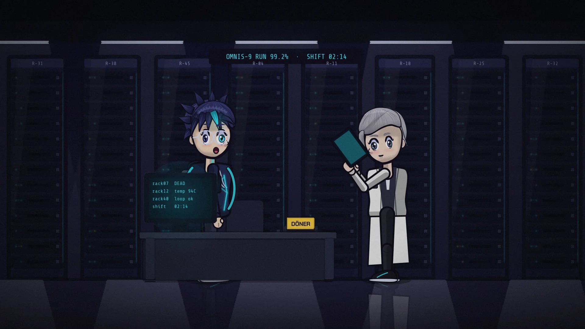 Simon in the HELIX-9 data center, next to Dr. Haas, painted by the series’ own set and rig code