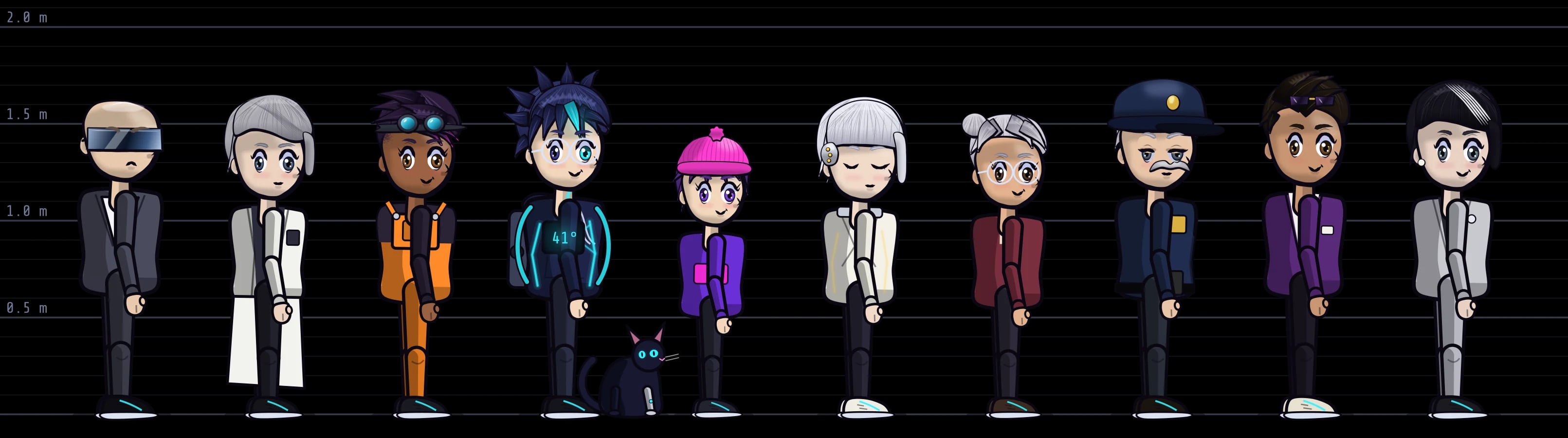 The cast standing in a police lineup with a height chart: Stahl, Haas, Lena, Simon, Juno, Mira, Mrs. Öztürk, Herr Krause, Deniz and Odette Marr, with Kernel sitting at Simon’s feet